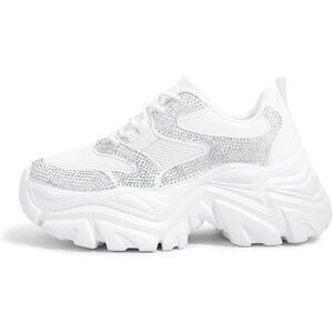Women's Chunky Sneakers Platform Leather Casual Shoes Wedge White Rhinestone
